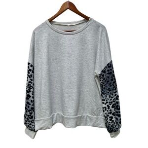 e.Luna Womens Plus 1X Heather Gray‎ Leopard Print Sleeve Sweatshirt Pullover USA